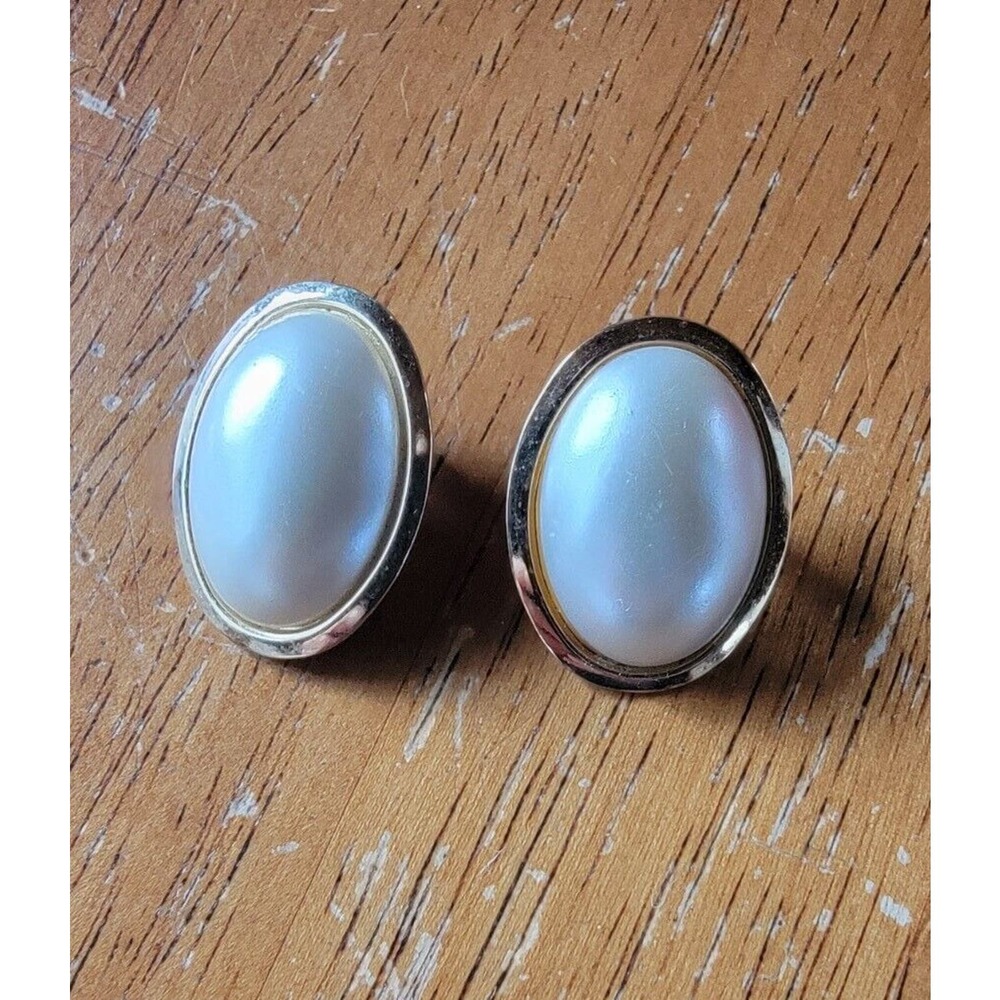 Fashion Jewelry White Faux Pearl & Gold Trim Stud Earrings with Backs